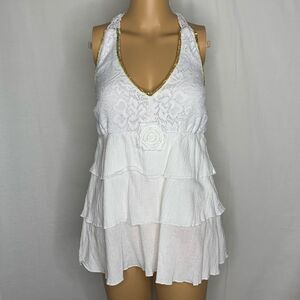 NAF NAF Halter Tiered Top Floral Crochet Sequins Layered Ruffle White Gold Tank